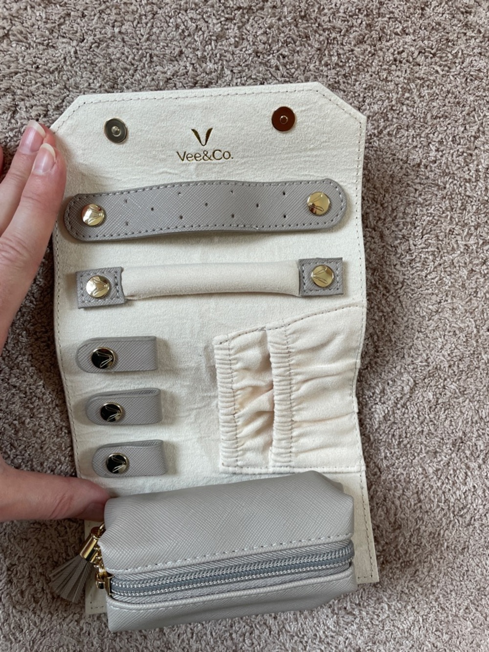 Brand new Neutral taupe vee &co vegan Leather jewelry Clutch with Tassel